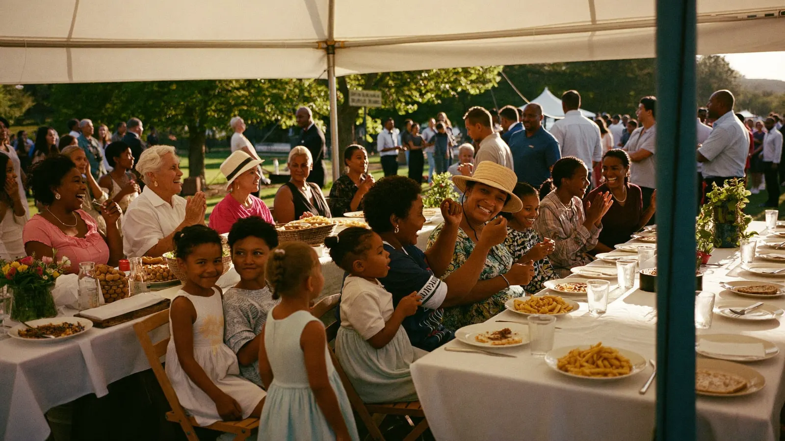 A church family and friends day: a fellowship meal under a white tent with elders and children sharing food at long tables
