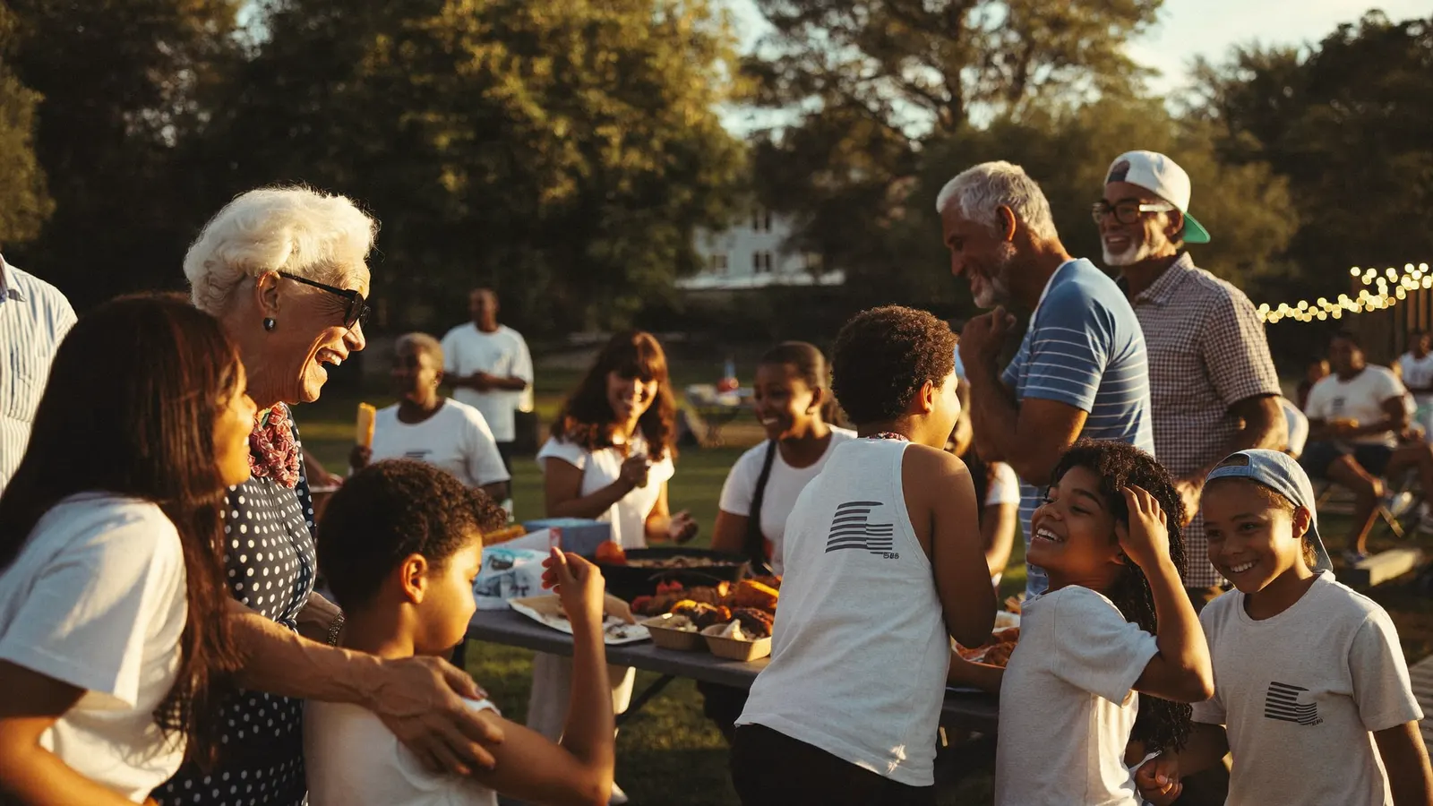 A multigenerational family reunion cookout at golden hour, relatives laughing around picnic tables under string lights